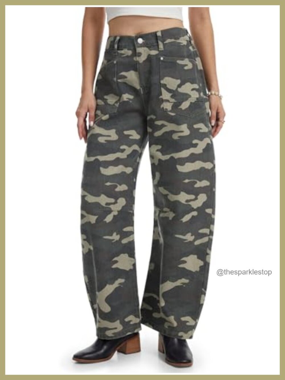 Barrel Leg Camo Jeans Mid Rise Wide Leg Ankle Denim Pants Pockets
